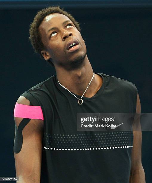 Gael Monfils of France reacts after losing a point in his semi-final against Radek Stepanek of the Czech Republic during day seven of the Brisbane...