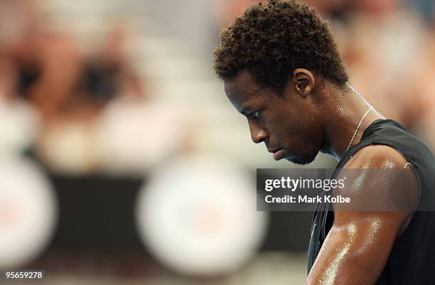 Gael Monfils of France reacts after losing a point in his semi-final against Radek Stepanek of the Czech Republic during day seven of the Brisbane...