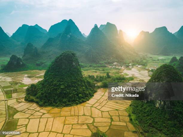 rice fields scenery karst landscape of guilin, china - xingping stock pictures, royalty-free photos & images