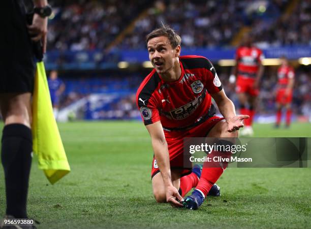 Chris Lowe of Huddersfield Town reacts during the Premier League match between Chelsea and Huddersfield Town at Stamford Bridge on May 9, 2018 in...