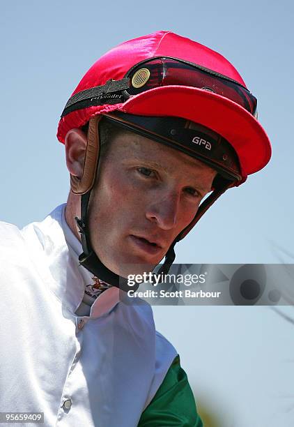 Jockey Mark Zahra returns to the parade ring after riding Syndrome to win race 1 the Robert Taranto Handicap during the Summer Race Day meeting at...