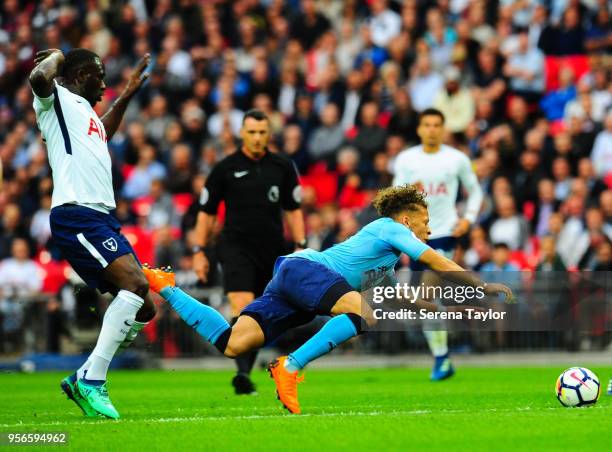 Dwight Gale of Newcastle United is brought down by Moussa Sissoko of Tottenham Hotspur during the Premier League Match between Tottenham Hotspur and...