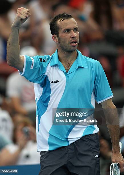 Radek Stepanek of the Czech Republic celebrates winning his semi-final against Gael Monfils of France during day seven of the Brisbane International...