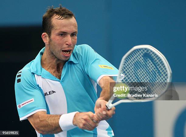 Radek Stepanek of the Czech Republic plays a backhand in his semi-final against Gael Monfils of France during day seven of the Brisbane International...