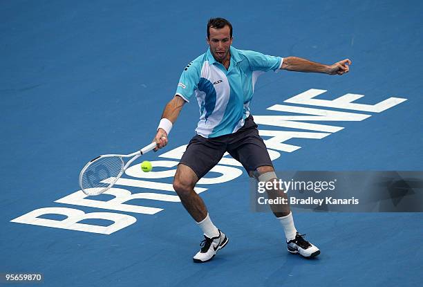 Radek Stepanek of the Czech Republic plays a forehand in his semi-final against Gael Monfils of France during day seven of the Brisbane International...