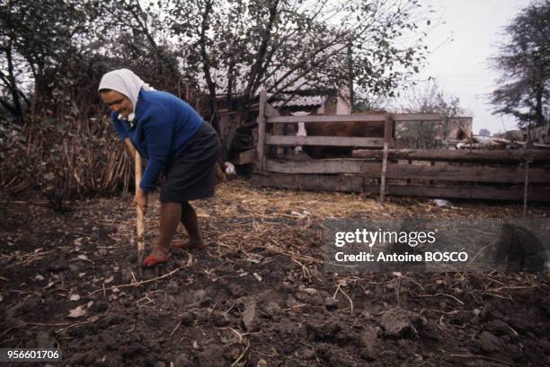 Agricultrice avec une bêche dans un champ en octobre 1975 en URSS.