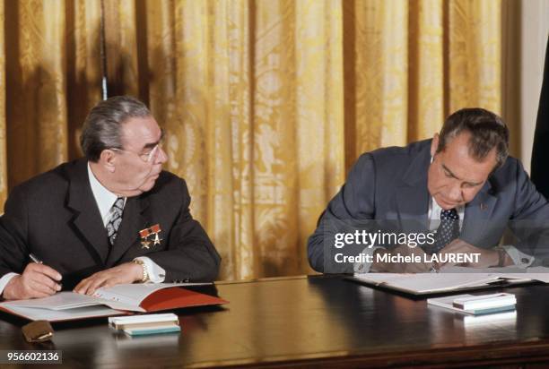 Léonid Brejnev et Richard Nixon en 1973 à Washington D.C. Aux États-Unis.