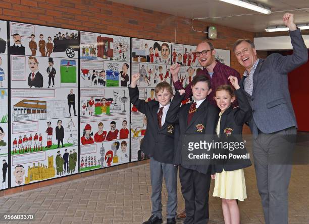 Pictured are local school children with artist David Andrews and Stephen Done, LFC museum curator as part of Liverpool Football Club's 125th...