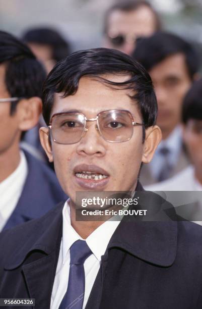 Hun Sen, le Premier Ministre cambodgien lors d'une réunion sur le Cambodge, 7 novembre 1988, France.