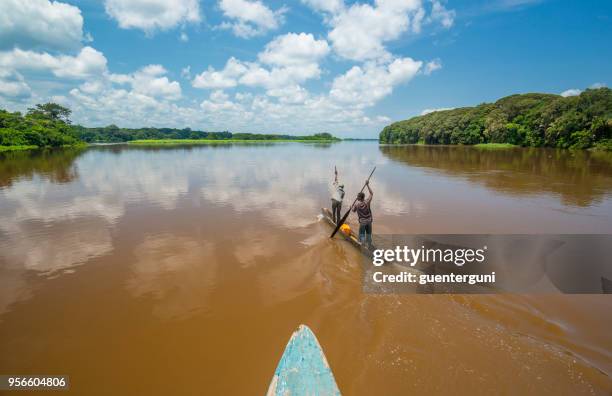 pêcheurs patauger dans une pirogue typique (pirogue) sur le fleuve congo - république du congo photos et images de collection