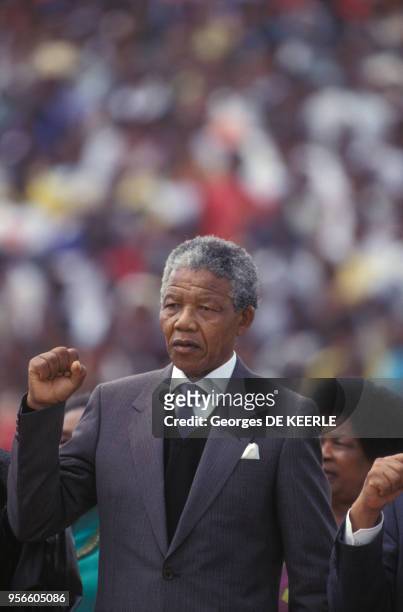 Nelson Mandela au lendemain de sa libération le 12 février 1990 à Soweto, Afrique duu Sud.