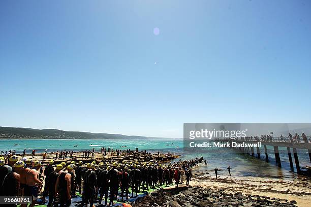 General view of the Senior Male section entering the water during the Lorne Pier to Pub at Main Beach Lorne on January 9, 2010 in Lorne, Australia.