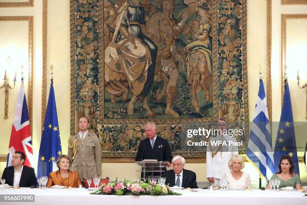 Prince Charles, Prince of Wales holds a speech while Greek prime minister Alexis Tsipras, Vlassia Pavlopoulou, President of Greece Prokopis...