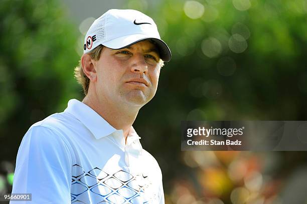 Lucas Glover looks down the first fairway during the second round of the SBS Championship at Plantation Course at Kapalua on January 8, 2010 in...