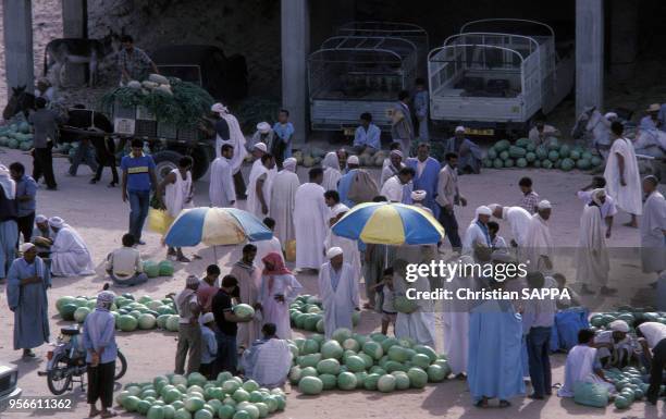 Vente de pastèques sur un marché d'El Oued, juillet 1987, Algérie.