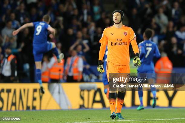 Dejected Petr Cech of Arsenal after Jamie Vardy of Leicester City scores a goal to make it 2-1 during the Premier League match between Leicester City...