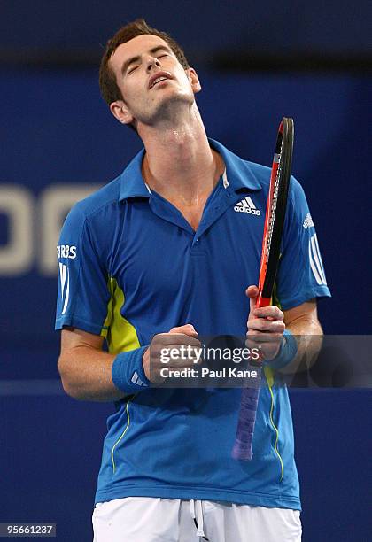 Andy Murray of Great Britain shows his frustration in his match against Tommy Robredo of Spain in the final match between Great Britain and Spain...