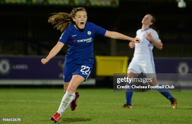 Erin Cutbert of Chelsea celebrates after she scores to make it 2-1 during a WSL match between Chelsea Ladies and Birmingham City Ladies at The Cherry...