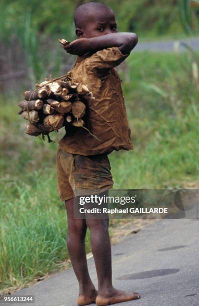 Enfant portant un fagot de bois, avril 1992, Madagascar.