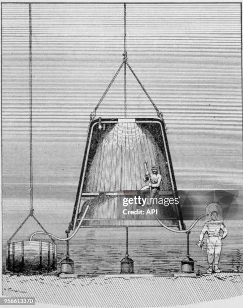 Gravure représentant la cloche de Halley, système de plongée sous-marine mis au point par Edmond Halley au dix-huitième siècle.