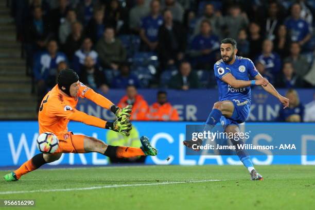 Riyad Mahrez of Leicester City scores a goal to make it 3-1 during the Premier League match between Leicester City and Arsenal at The King Power...