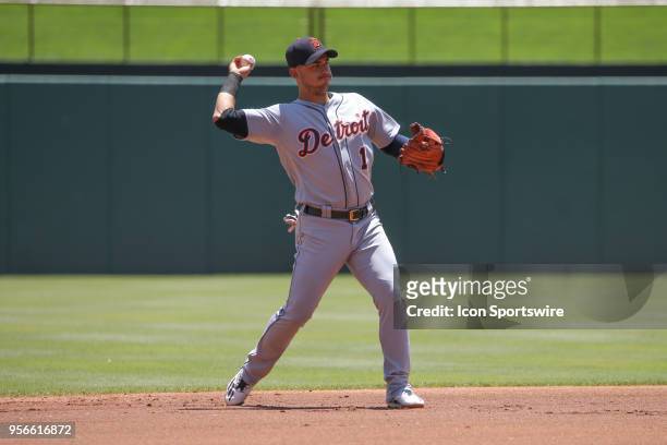 Detroit Tigers shortstop Jose Iglesias throws to first base during the game between the Detroit Tigers and the Texas Rangers on May 9, 2018 at Globe...