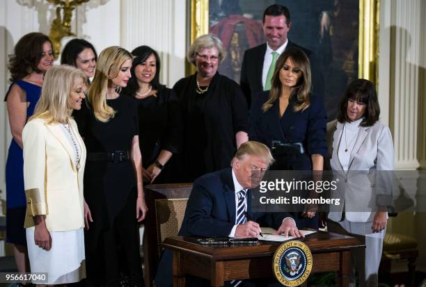 President Donald Trump signs an executive order supporting military spouse unemployment during a celebration of military mothers and spouses event in...