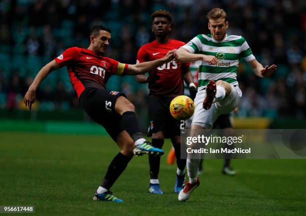 Gary Dicker of Kilmarnock vies with Stuart Armstrong of Celtic during the Scottish Premier League between Celtic and Kilmarnock at Celtic Park on May...