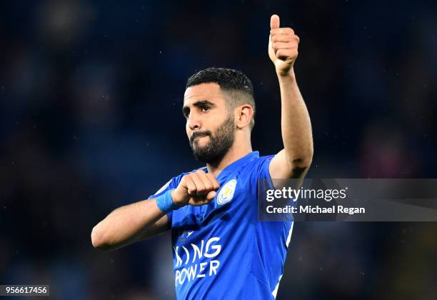 Riyad Mahrez of Leicester City shows appreciation to the fans during the Premier League match between Leicester City and Arsenal at The King Power...