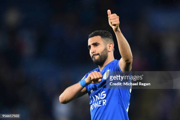 Riyad Mahrez of Leicester City shows appreciation to the fans after the Premier League match between Leicester City and Arsenal at The King Power...