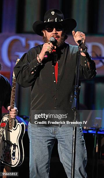 Country music singer Hank Williams Jr. Performs at the Sprint Sound & Speed concert at Ryman Auditorium on January 8, 2010 in Nashville, Tennessee.