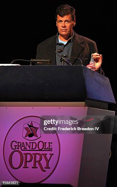 Driver Michael Waltrip addresses the audience at the Sprint Sound & Speed concert at Ryman Auditorium on January 8, 2010 in Nashville, Tennessee.