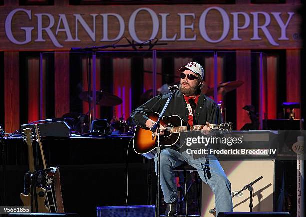 Country music singer Hank Williams Jr. Performs at the Sprint Sound & Speed concert at Ryman Auditorium on January 8, 2010 in Nashville, Tennessee.