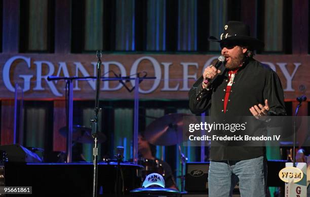 Country music singer Hank Williams Jr. Performs at the Sprint Sound & Speed concert at Ryman Auditorium on January 8, 2010 in Nashville, Tennessee.