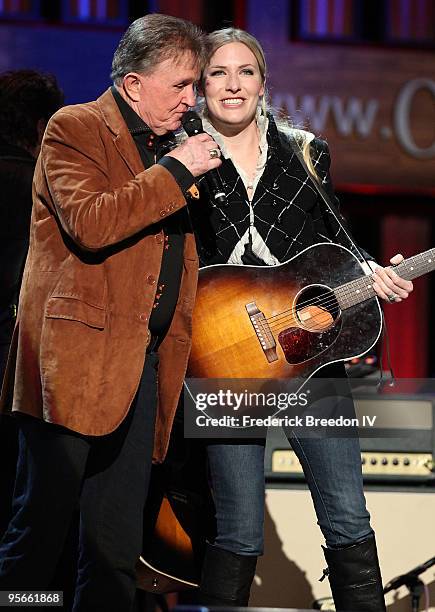 Country singer Bill Anderson greets singer Holly Williams at the Sprint Sound & Speed concert at Ryman Auditorium on January 8, 2010 in Nashville,...