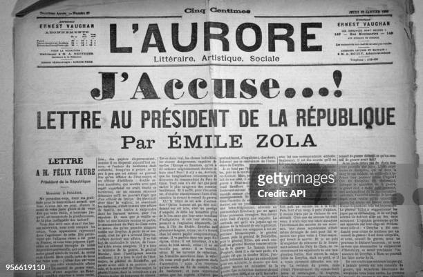 Une du journal l'"Aurore" avec la tribune d'Emile Zola "J'accuse" dans l'affaire Dreyfus, 13 janvier 1898.