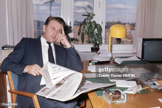 Portrait du Premier Ministre suédois Thorbjorn Falldin à son bureau en septembre 1973 en Suède.