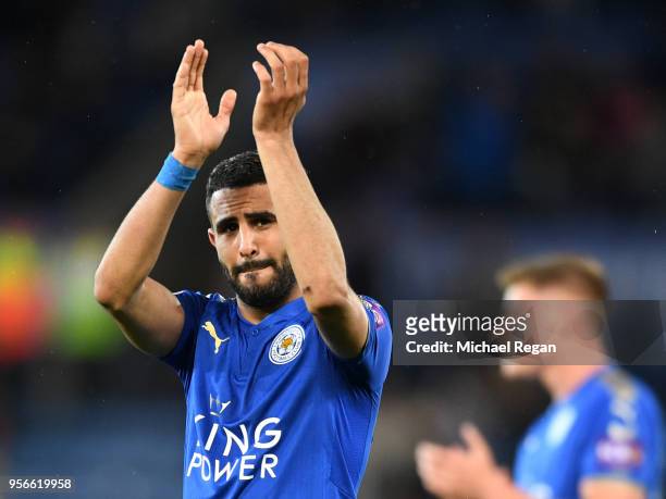 Riyad Mahrez of Leicester City shows appreciation to the fans after the Premier League match between Leicester City and Arsenal at The King Power...