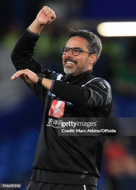 Huddersfield Town manager David Wagner celebrates during the Premier League match between Chelsea and Huddersfield Town at Stamford Bridge on May 9,...