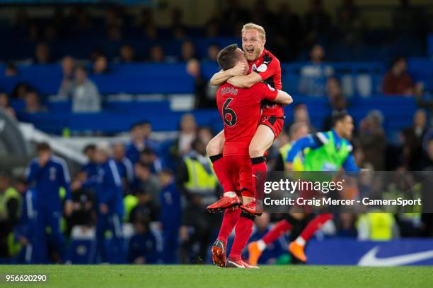 Huddersfield Town's Alex Pritchard and Jonathan Hogg celebrate at the final whistle during the Premier League match between Chelsea and Huddersfield...