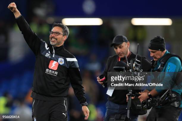 Huddersfield Town manager David Wagner celebrates during the Premier League match between Chelsea and Huddersfield Town at Stamford Bridge on May 9,...