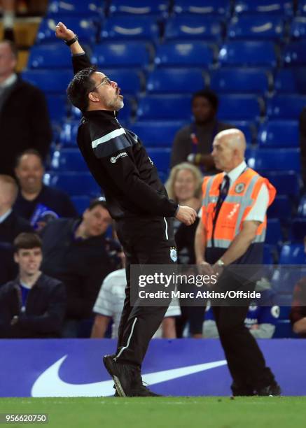 Huddersfield Town manager David Wagner celebrates during the Premier League match between Chelsea and Huddersfield Town at Stamford Bridge on May 9,...