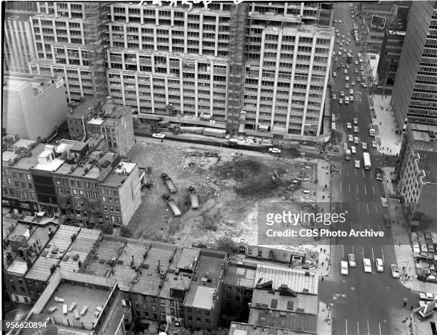 Headquarters building site, aka: Black Rock, at 51 West 52 Street. New York, NY. View as seen from the 32nd floor parapet of the Warwick Hotel,...