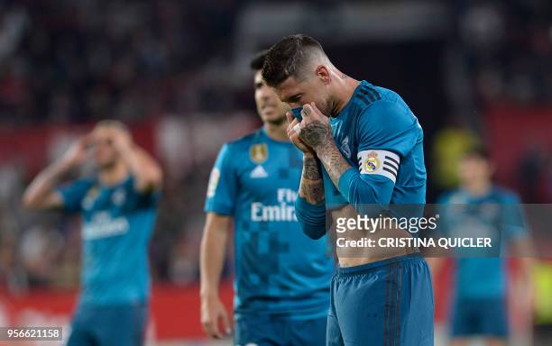 Real Madrid's Spanish defender Sergio Ramos reacts during the Spanish league football match between Sevilla and Real Madrid at the Ramon Sanchez...