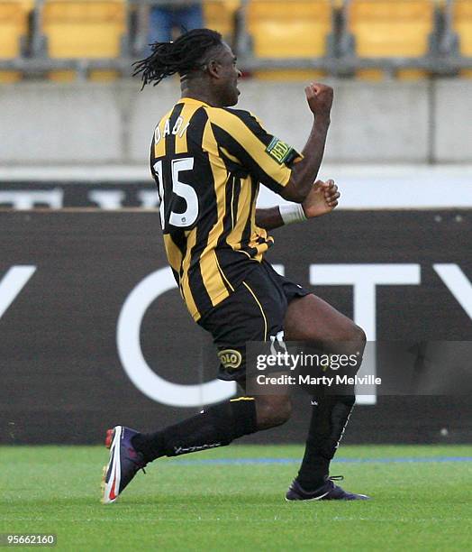 Eugene Dadi of the Phoenix celebrates his goal during the round 22 A-League match between the Wellington Phoenix and the Brisbane Roar at Westpac...
