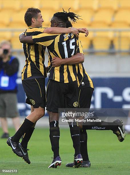 The Phoenix celebrate a goal during the round 22 A-League match between the Wellington Phoenix and the Brisbane Roar at Westpac Stadium on January 9,...