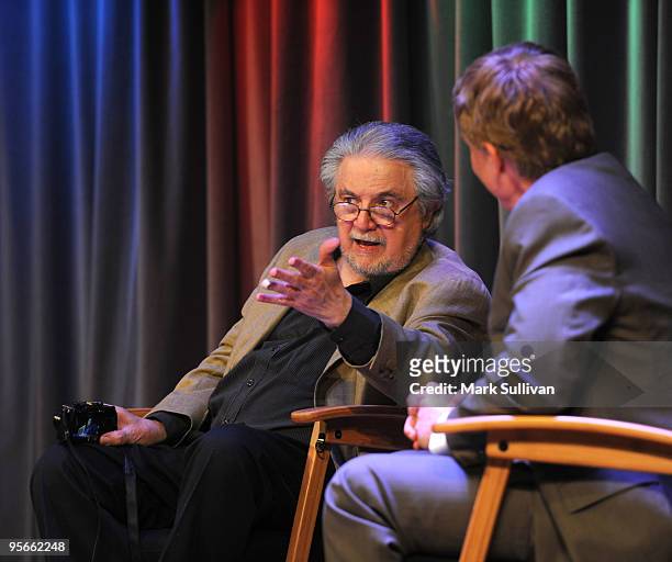 Photographer Alfred Wertheimer and GRAMMY Museum executive director, Robert Santelli on stage discussing the Alfred Wertheimer/Elvis at 21 exhibit at...