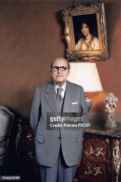 Portrait de Marcel Dassault dans son bureau à Paris en 1980, France.