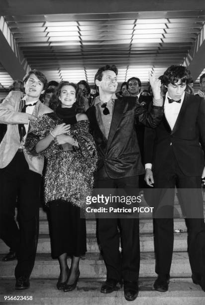 Lambert Wilson, Valérie Kaprisky et Francis Huster au Festival de Cannes en mai 1984, France.