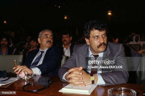 Georges Habache et Mohammed Zaïdan, alias 'Abou Abbas' au Conseil National Palestinien, avril 1987, Alger, Algérie.